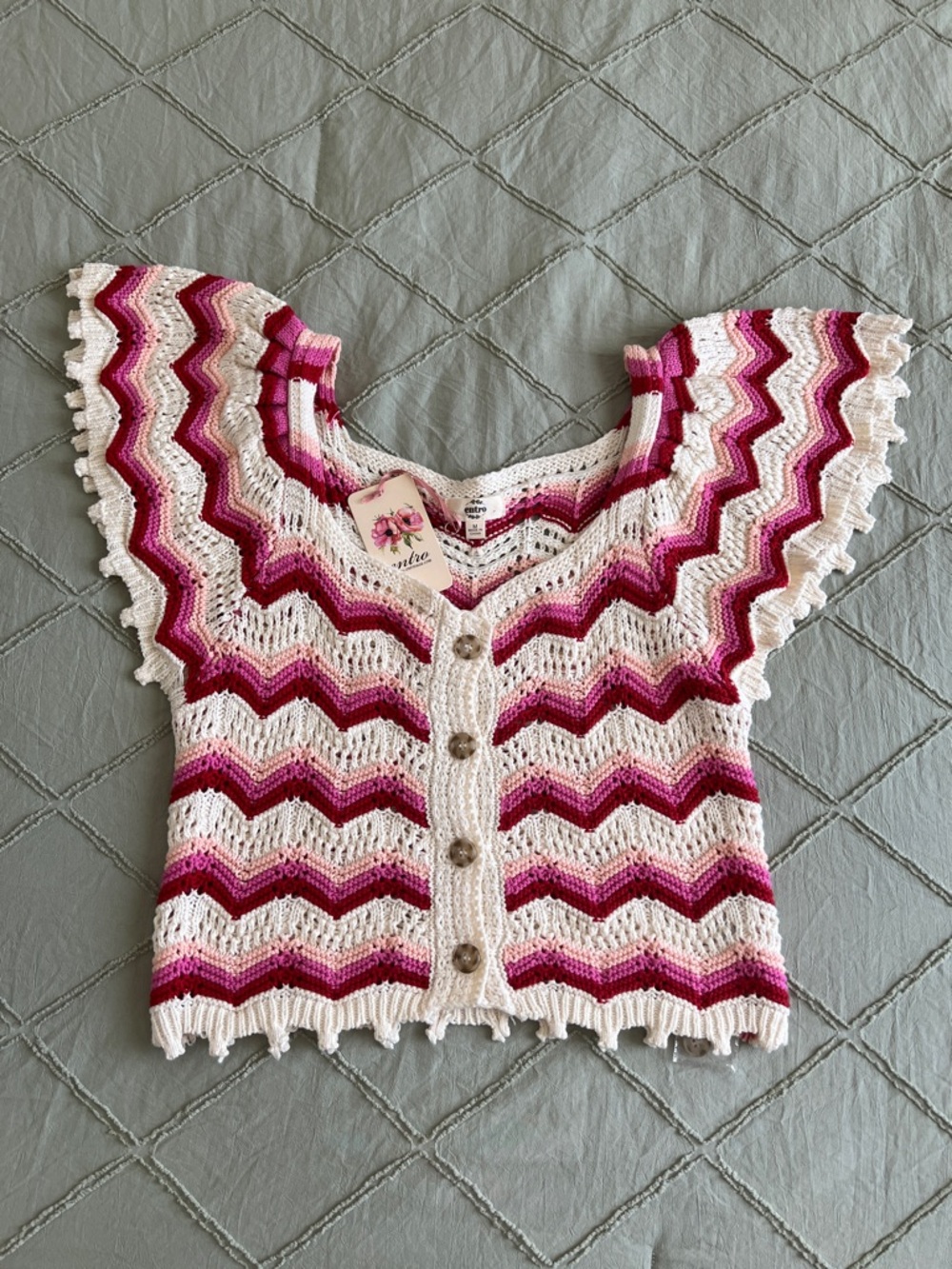 entro Chevron Crochet Button-Front Top in Cream and Pink Shades